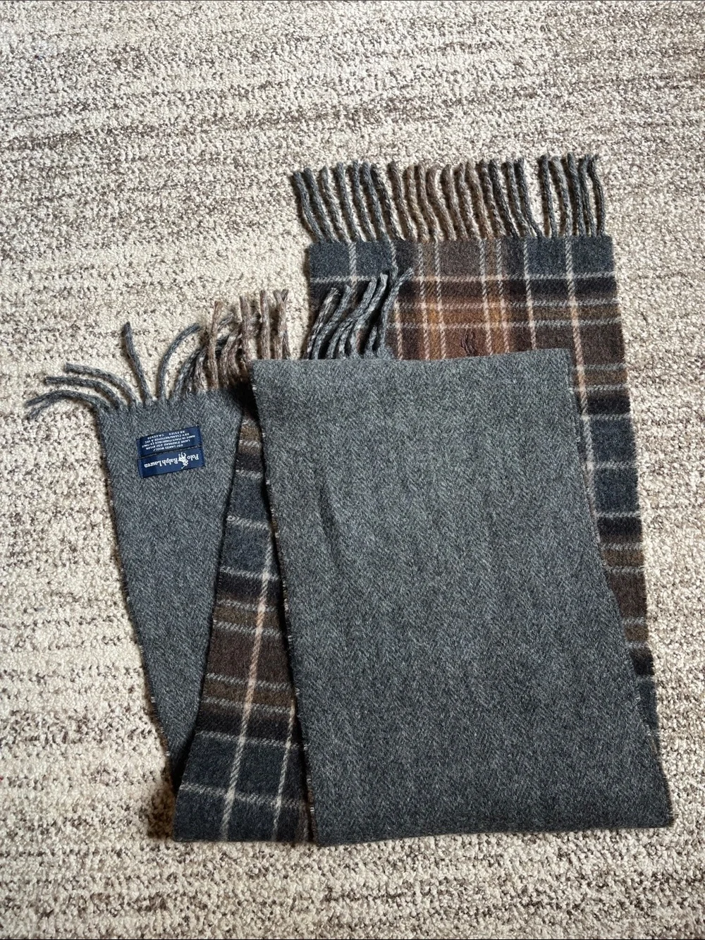 Ralph Lauren Gray and Brown Plaid Wool Scarf